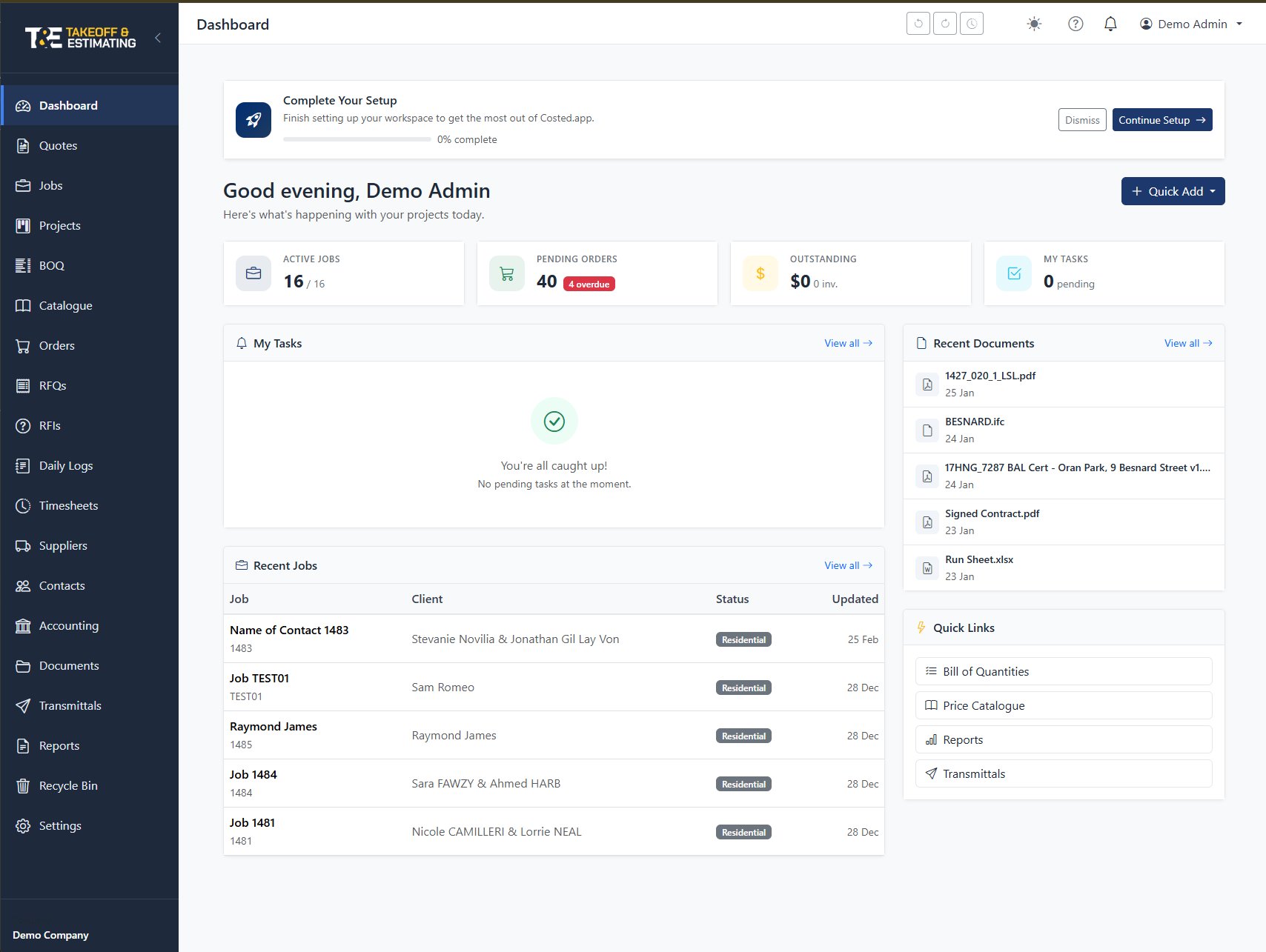 costed.app dashboard showing active jobs, KPIs, recent activity and outstanding claims
