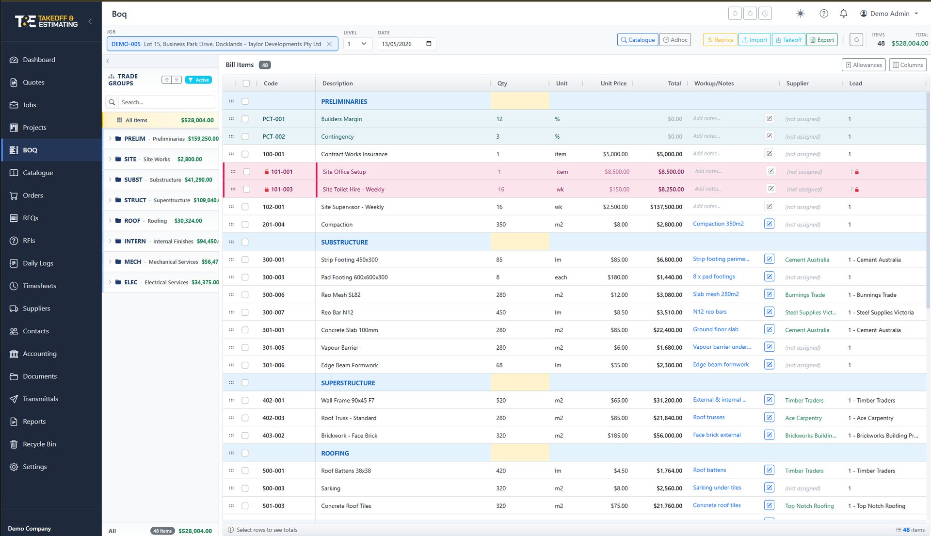 costed.app BOQ editor with cost centres, line items, formulas and supplier links
