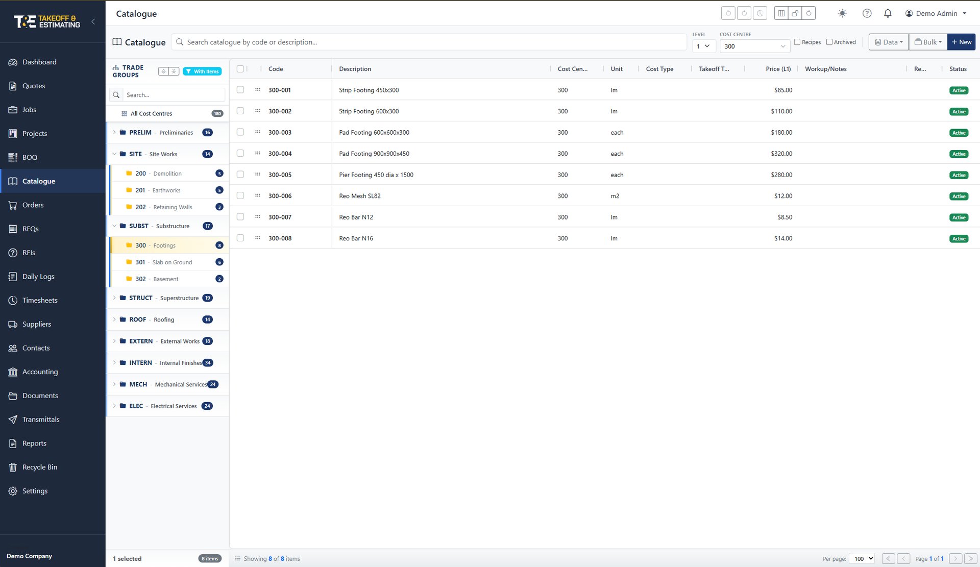 costed.app catalogue with 5-level pricing and supplier price history