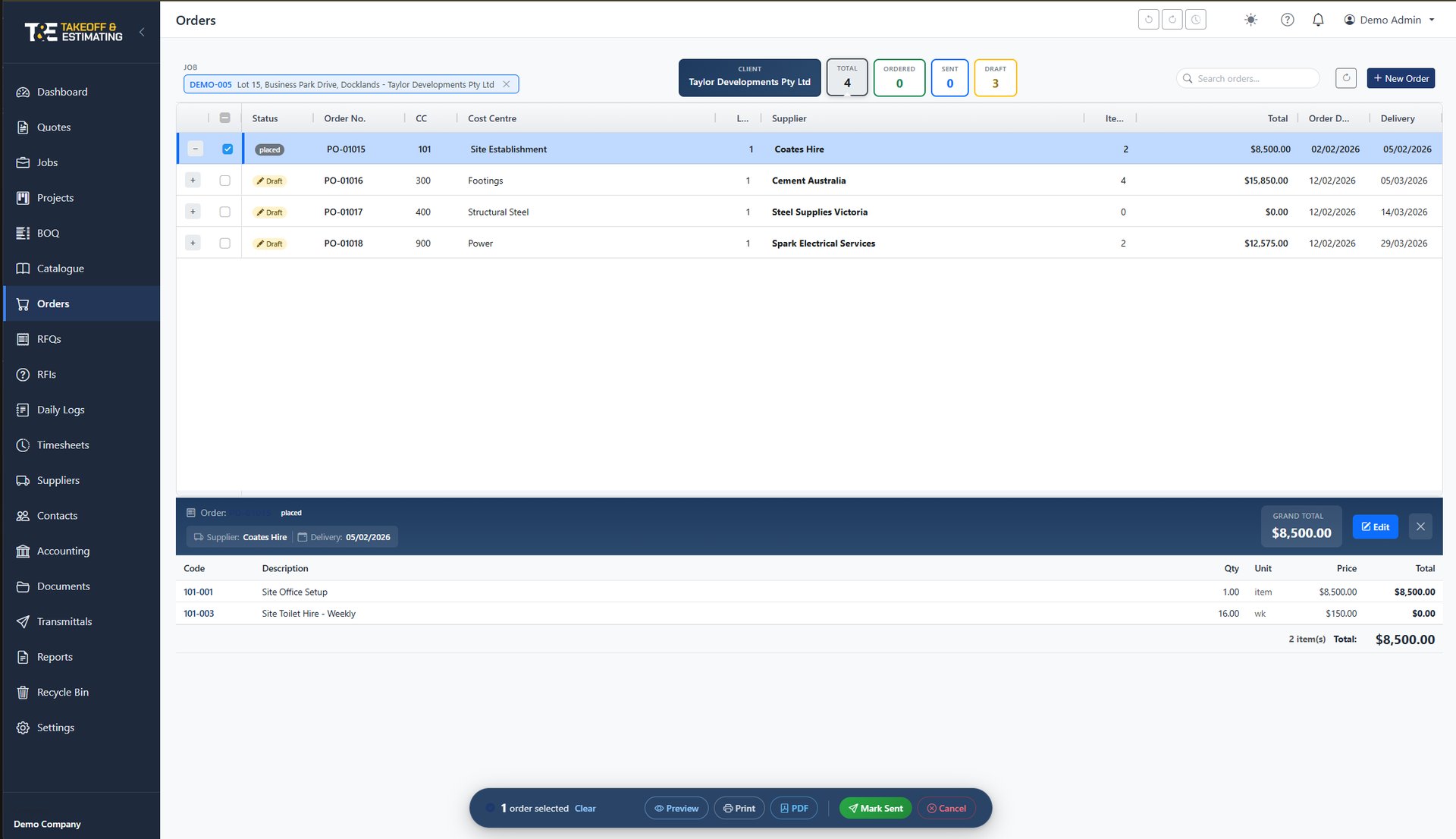 costed.app purchase orders list with supplier and job filters