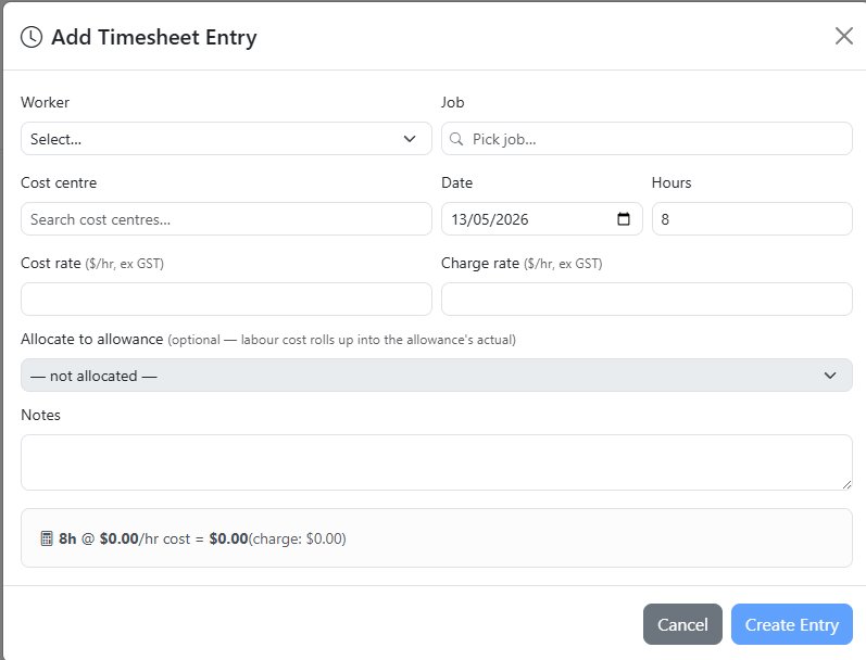 costed.app timesheet entry with cost-centre allocation