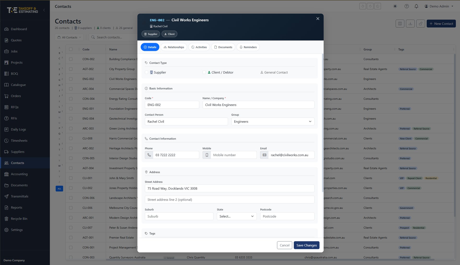 costed.app contacts directory with role tags