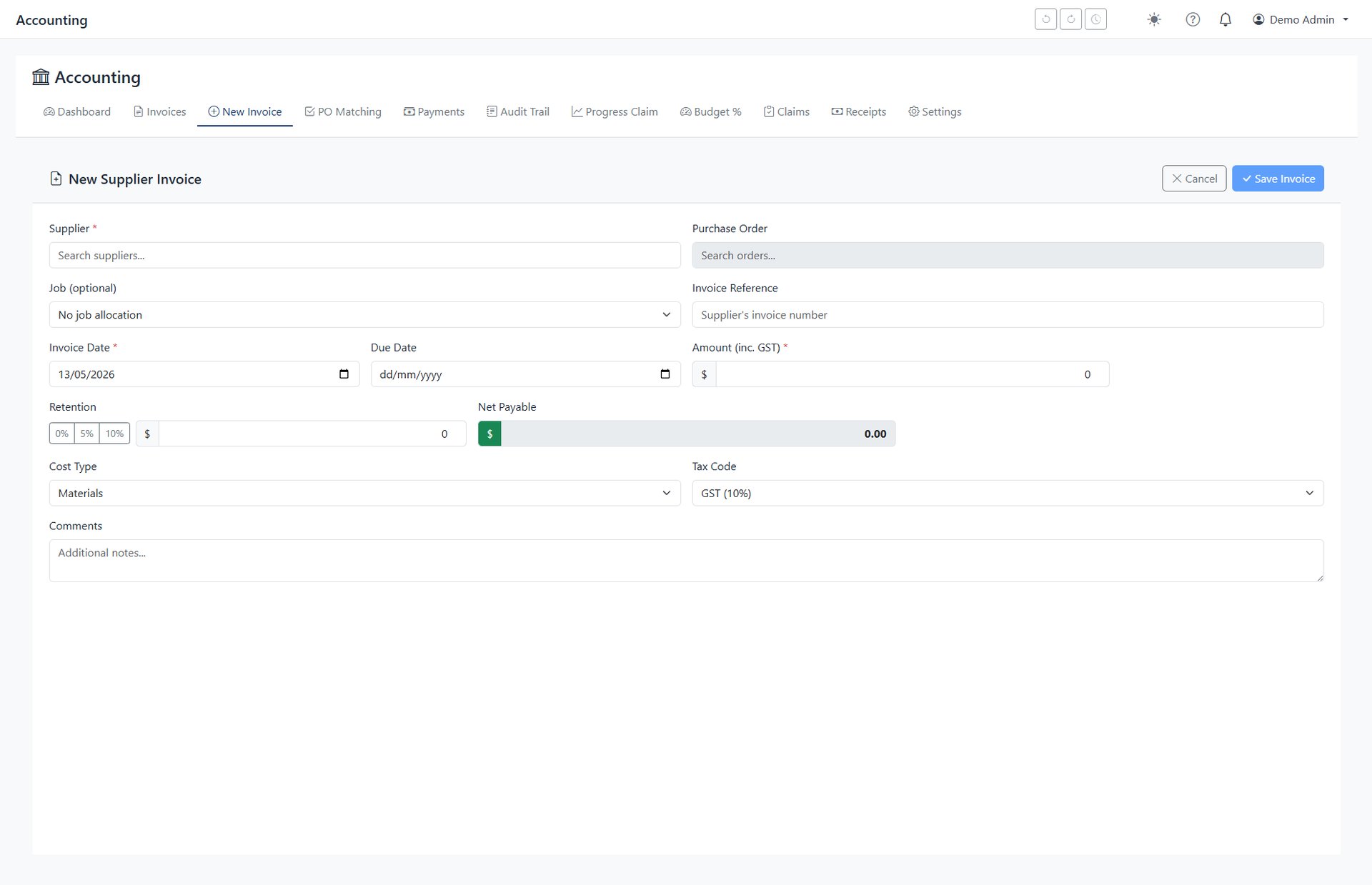 costed.app supplier invoice entry with line matching