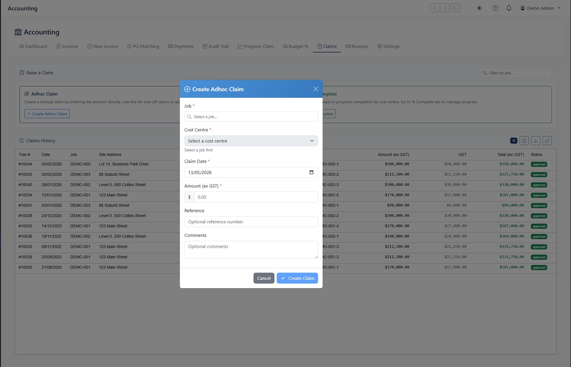 costed.app progress claim editor with retention and variations