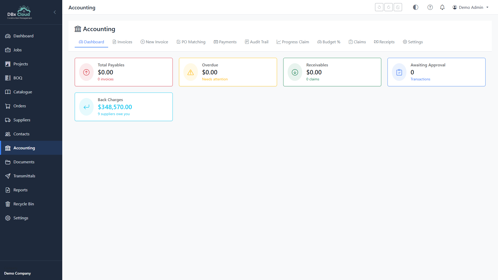 DBx Desktop accounting view with progress claim history and matching