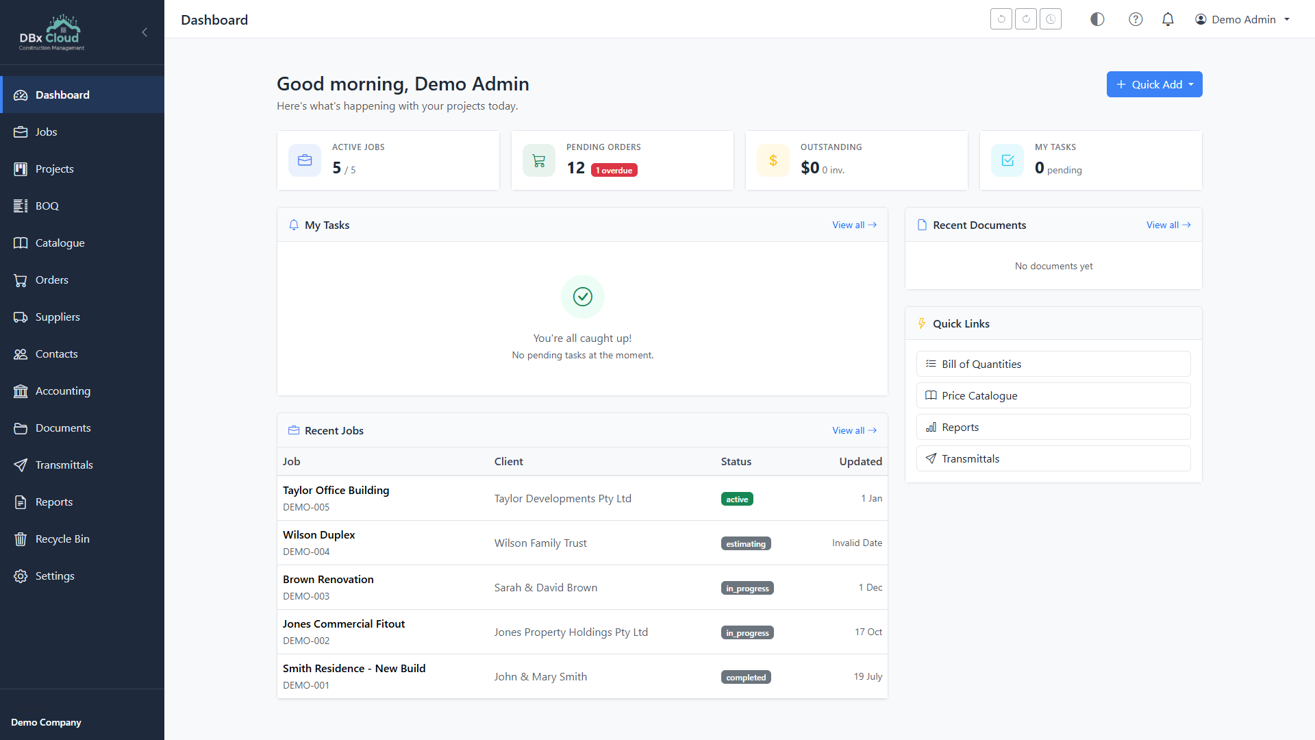 T&E Cloud Dashboard with KPIs and job tracking