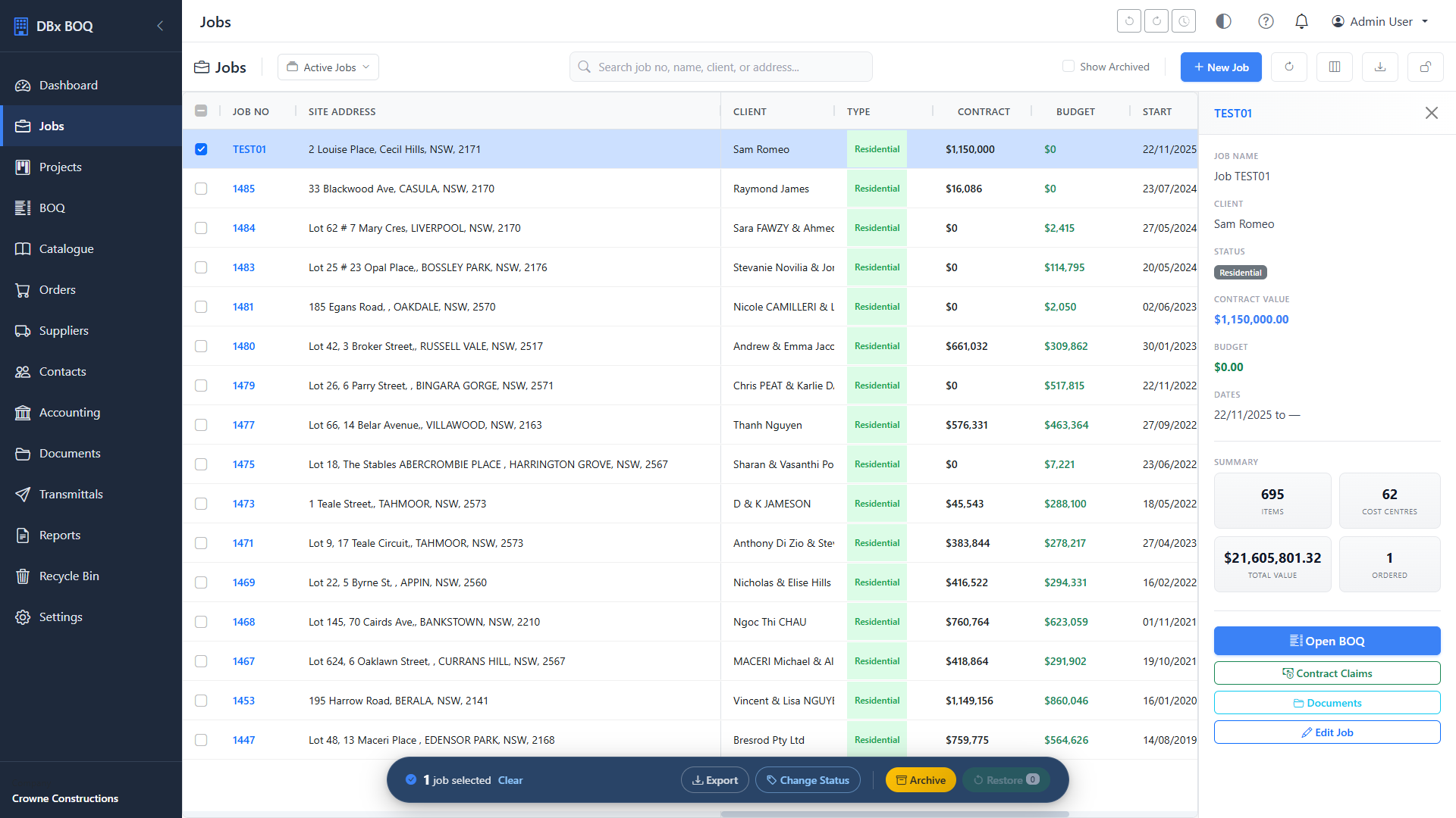 DBx Desktop jobs list with project status, contract value and BOQ totals