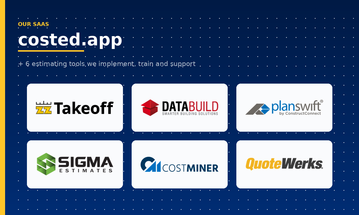 costed.app plus six partner-tool logos: zzTakeoff, Databuild, PlanSwift, Sigma, CostMiner, QuoteWerks