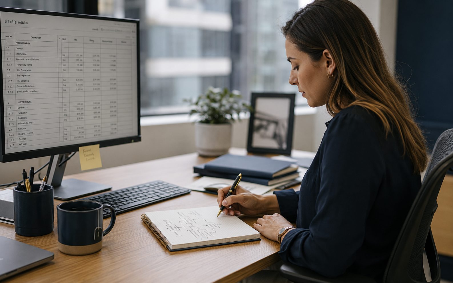 Australian female quantity surveyor sketching a cost-centre tree on a notepad while a generic Bill of Quantities spreadsheet is visible on her monitor
