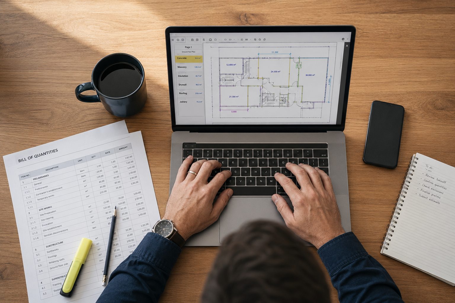 Top-down view of an Australian estimator's desk: laptop showing on-screen takeoff, printed BOQ spreadsheet, mug of coffee, highlighter and pencil