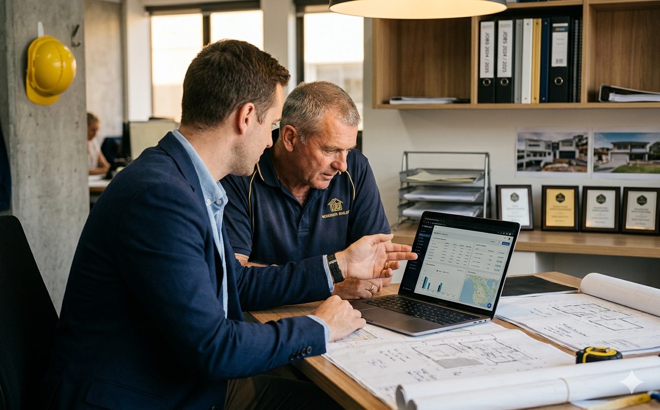 Australian implementation consultant gesturing at a laptop while seated next to a residential builder in the builder's office, site plans spread on the desk, binders and a hard hat in the background