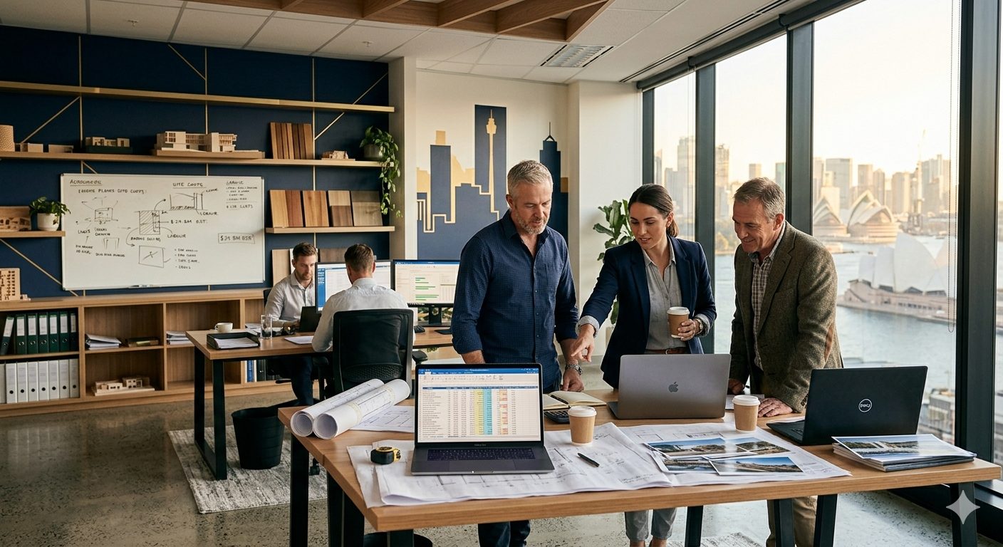 Three Australian construction estimators collaborating around a desk with laptops, plans and coffee cups, Sydney harbour visible through the window