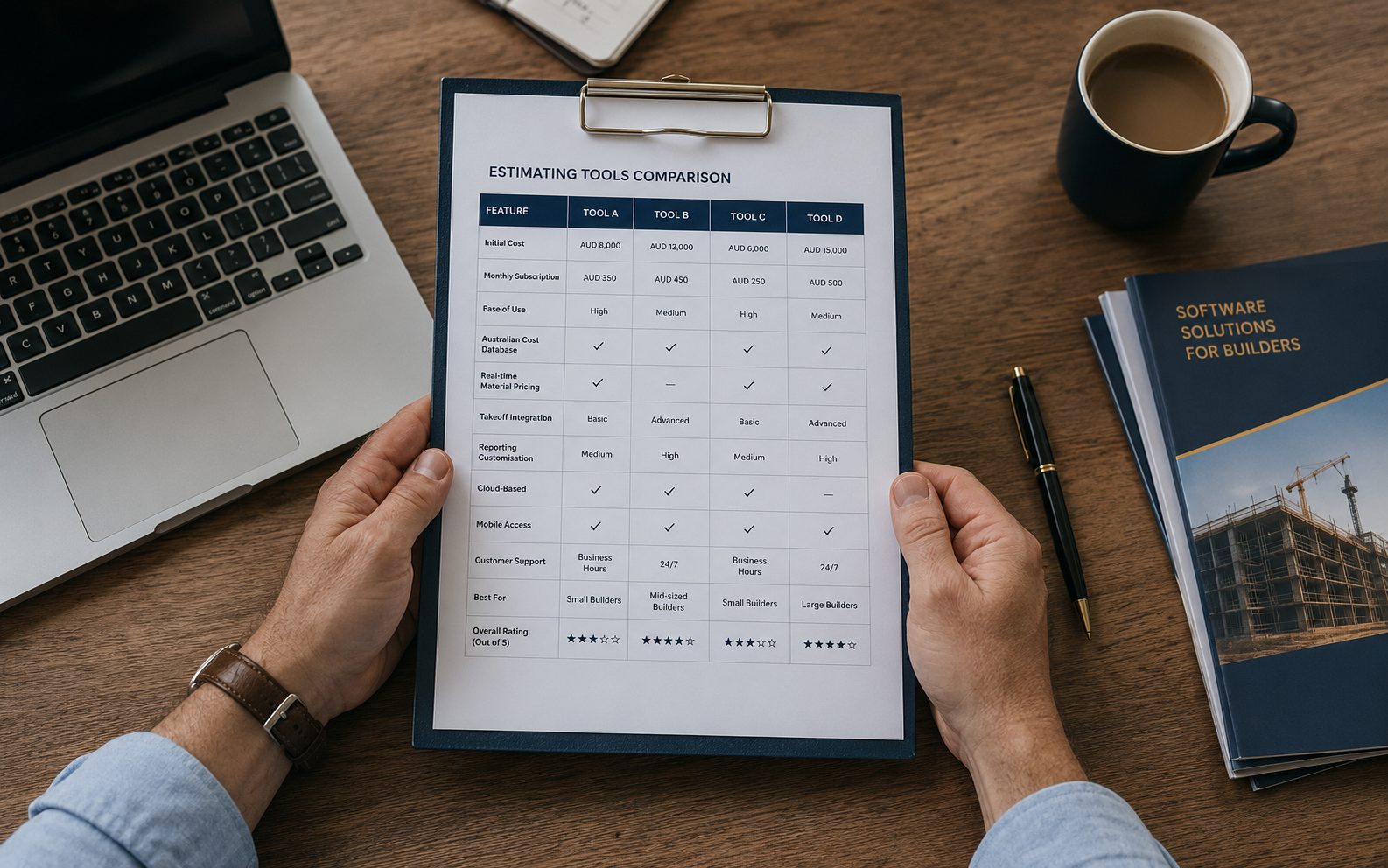 Top-down flat lay of an estimator's hands holding a printed estimating-tools comparison matrix on a clipboard, laptop and coffee on the wood desk