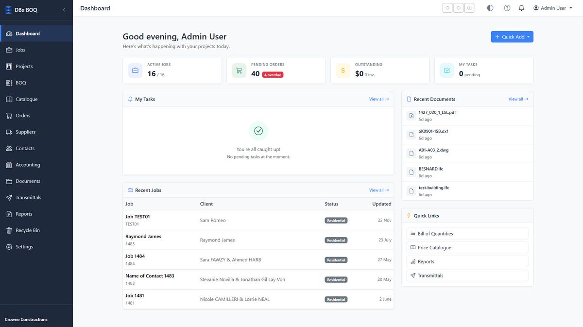 T&E Cloud Dashboard showing active jobs, pending orders, recent jobs list, and quick links navigation
